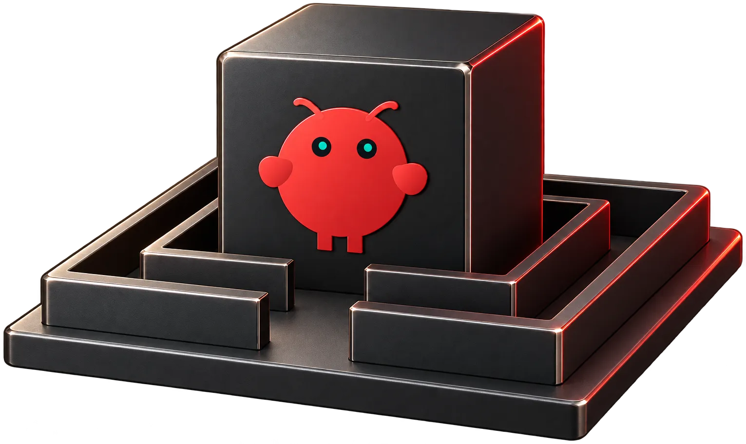 A black cube with the OpenClaw mascot on its face, inside two low black walls whose gates line up in front of it.