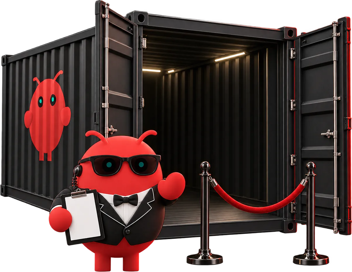 An open shipping container with the OpenClaw mascot standing at the entrance as a bouncer, clipboard in claw, behind a velvet rope.