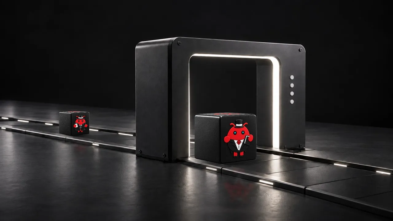 Three black agent cubes at a solid checkpoint, with indicators for the controls that govern their access.