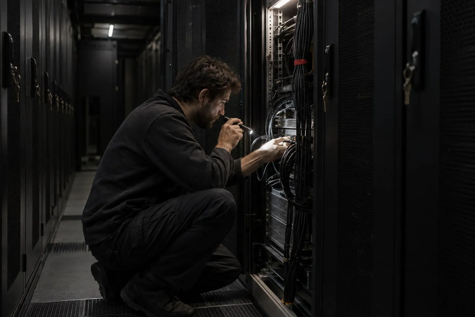 An engineer checking a connection in an open rack in a dim server room.