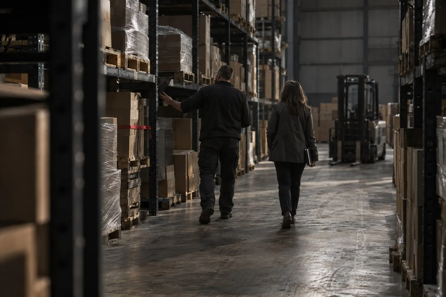 An operations manager walking a consultant down an aisle of a dispatch warehouse, pointing at the shelves.