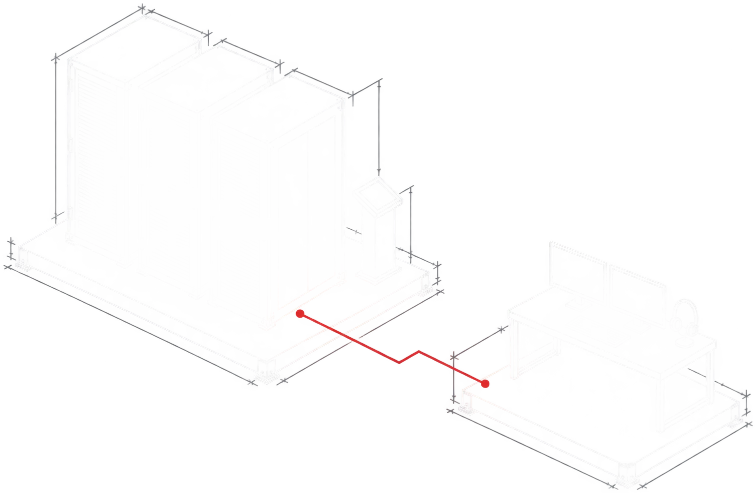 A technical drawing of a row of server racks joined by a red route to a support desk with two monitors and a headset.