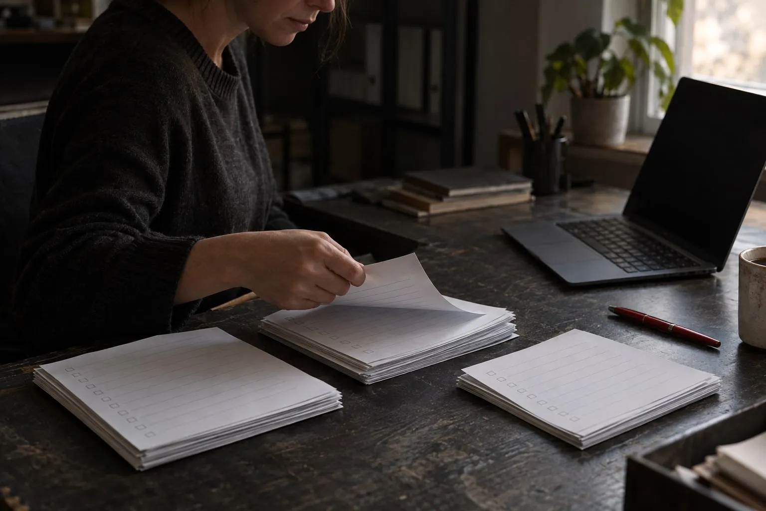 A consultant sorting printed forms into three piles on a dark desk.