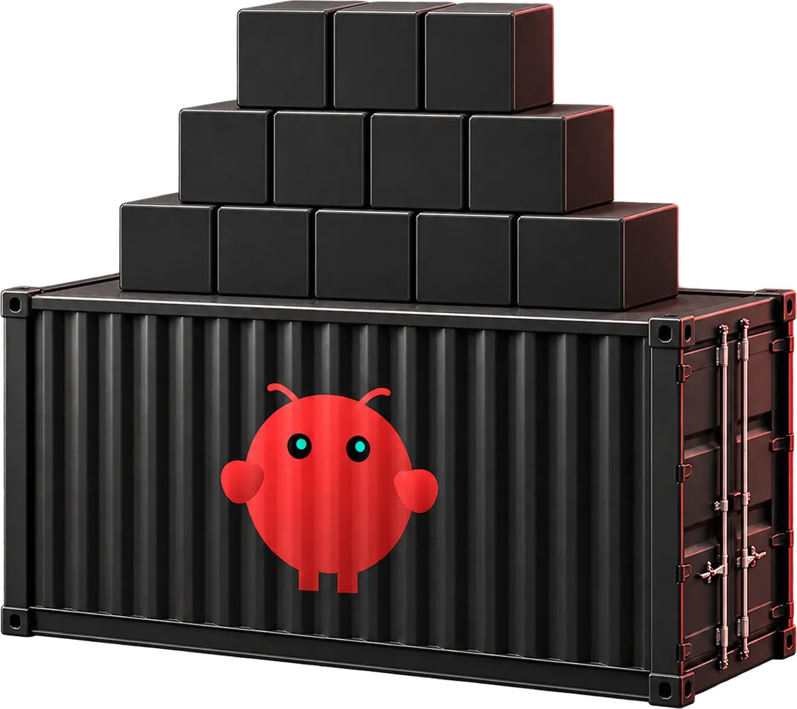 A container carrying the OpenClaw mark, with a pyramid of cubes stacked on its roof, one business application on each.