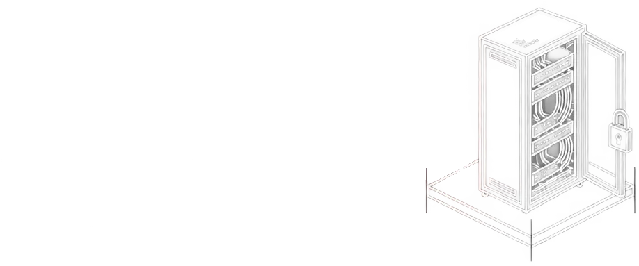 An open server rack with a padlock, on a platform.