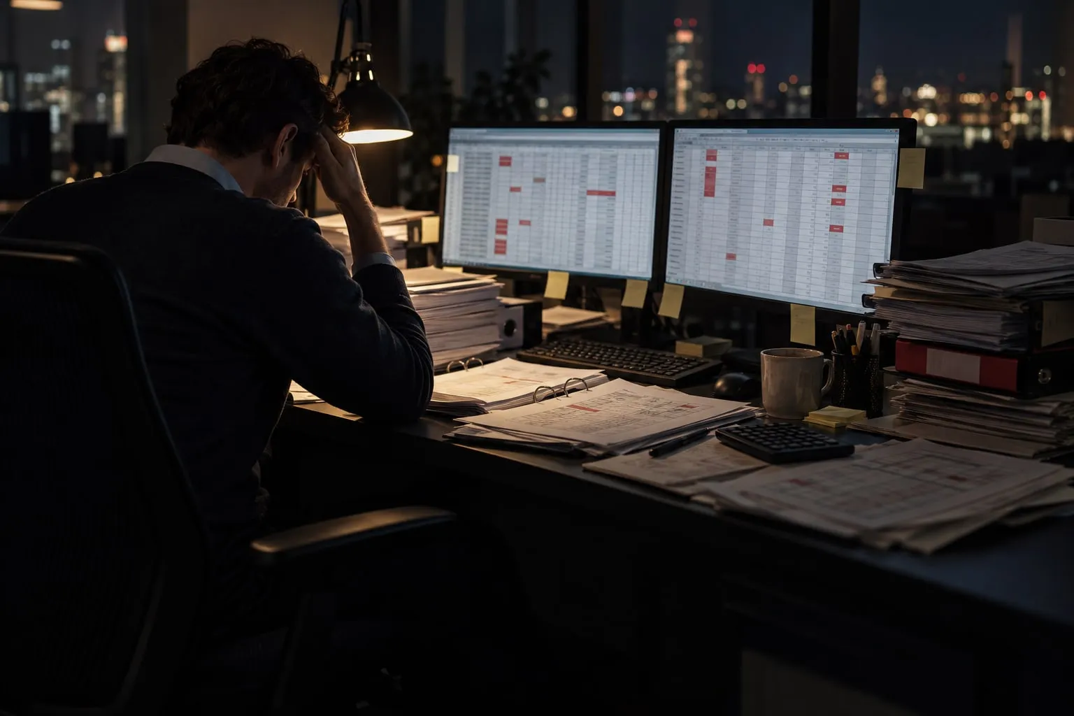 An analyst working late at a desk buried in paper files and printed spreadsheets