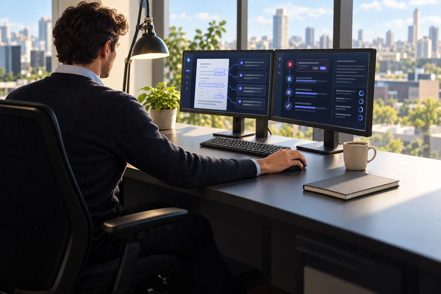 The same desk on a bright morning, tidy, with the analyst supervising an AI interface that reads documents and flags one step for approval