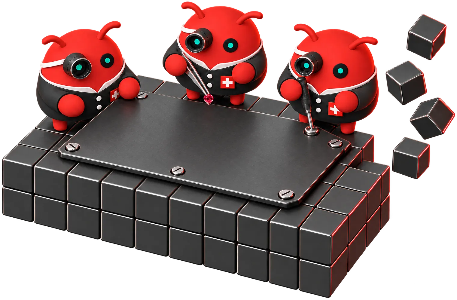 Three OpenClaw mascots dressed as Swiss watchmakers, a loupe over one eye, assemble a black clockwork movement with ruby jewels on a platform built from the hero's building blocks, a few loose cubes still arriving, one of them wearing the RAW sticker.